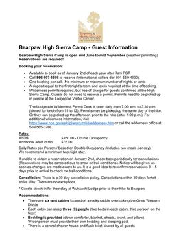 Bearpaw High Sierra Camp Guest Information 2018