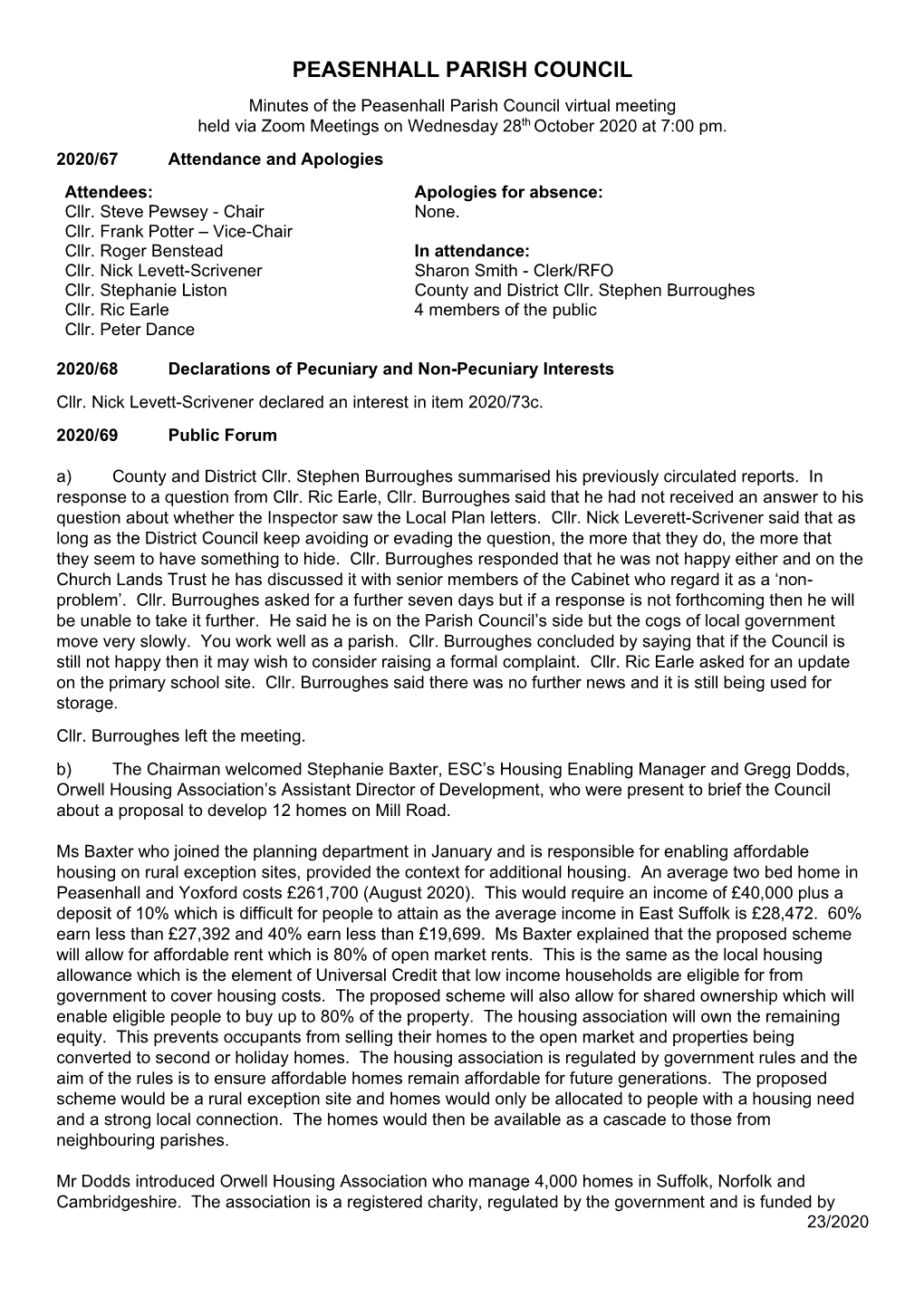 PEASENHALL PARISH COUNCIL Minutes of the Peasenhall Parish Council Virtual Meeting Held Via Zoom Meetings on Wednesday 28Th October 2020 at 7:00 Pm