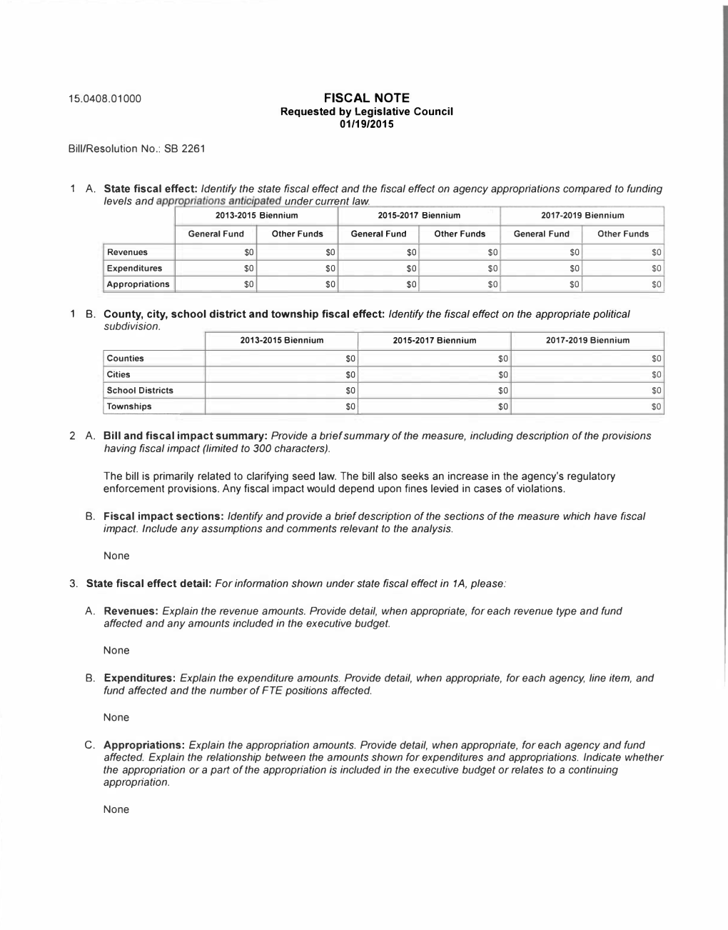 15.0408.01000 2261 Fiscal Note