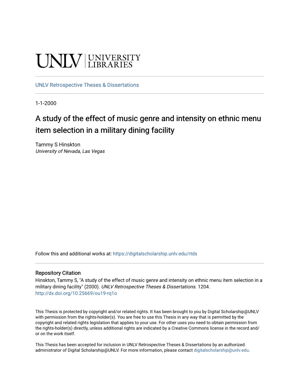 A Study of the Effect of Music Genre and Intensity on Ethnic Menu Item Selection in a Military Dining Facility