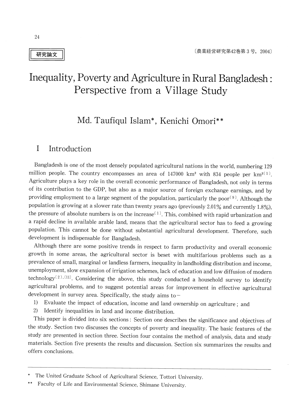 Inequality, Poverty and Agriculture in Rural Bangladesh: Perspective from a Village Study