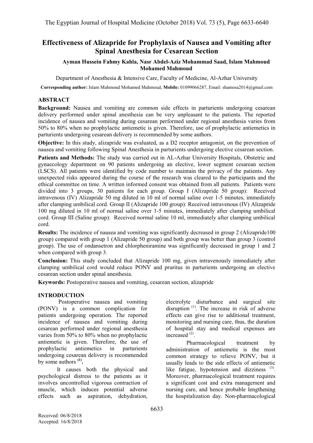 Effectiveness of Alizapride for Prophylaxis of Nausea and Vomiting After Spinal Anesthesia for Cesarean Section