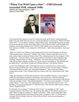 “When You Wish Upon a Star”—Cliff Edwards (Recorded 1938, Released 1940) Added to the National Registry: 2009 Essay by Cary O’Dell