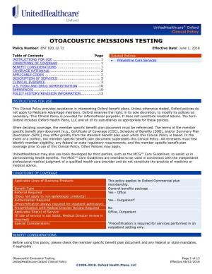 OTOACOUSTIC EMISSIONS TESTING Policy Number: ENT 020.12 T1 Effective Date: June 1, 2018