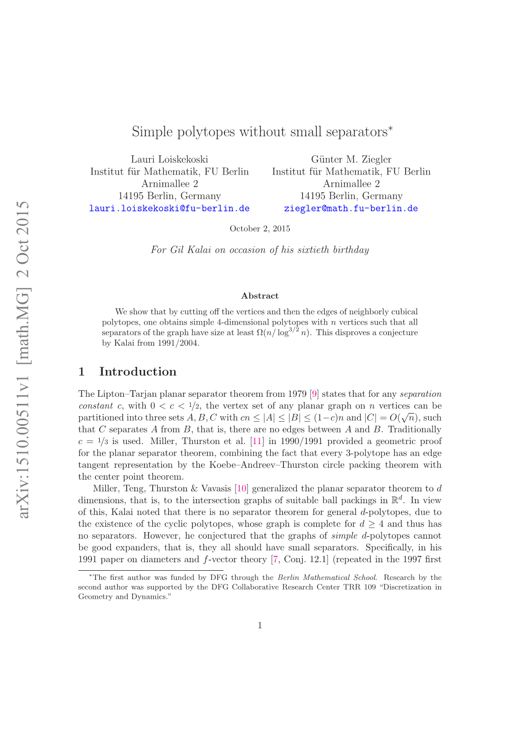 Simple Polytopes Without Small Separators