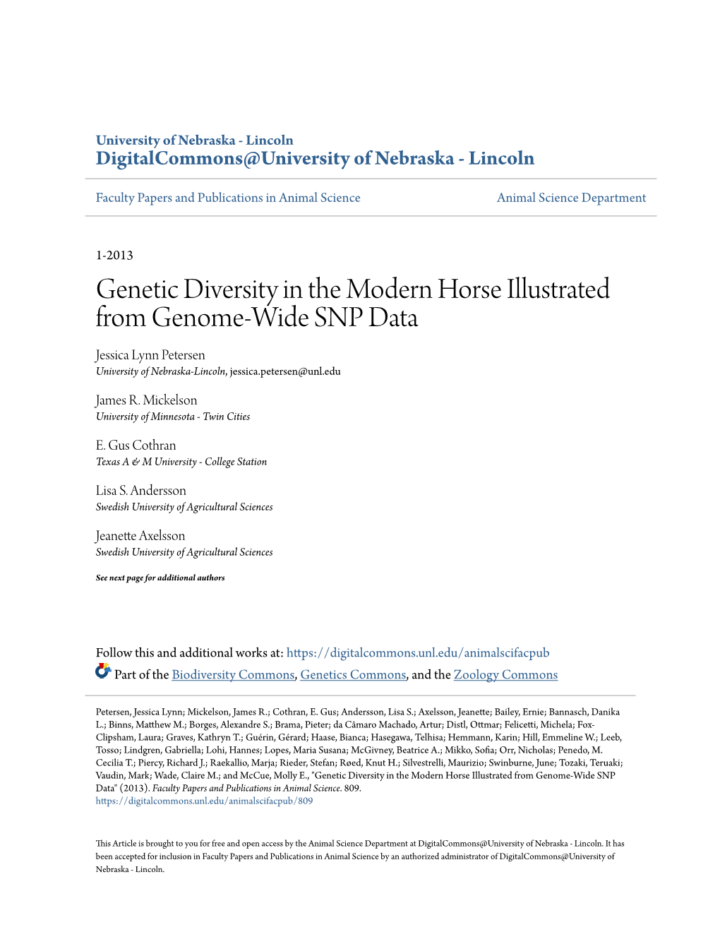 Genetic Diversity in the Modern Horse Illustrated from Genome-Wide SNP Data Jessica Lynn Petersen University of Nebraska-Lincoln, Jessica.Petersen@Unl.Edu