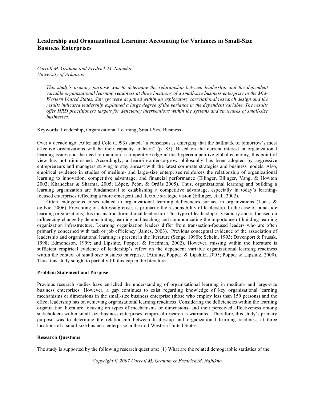 Leadership and Organizational Learning: Accounting for Variances in Small-Size Business Enterprises