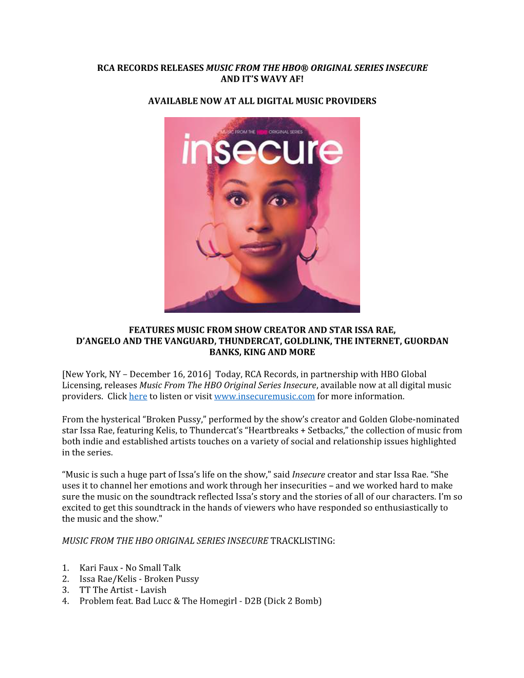 Rca Records Releases Music from the Hbo® Original Series Insecure and It’S Wavy Af!