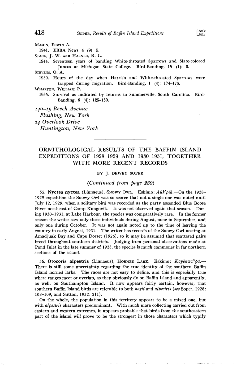 Ornithological Results of the Baffin Island Expeditions of 1928-1929 and 1930-1931, Together with More Recent Records