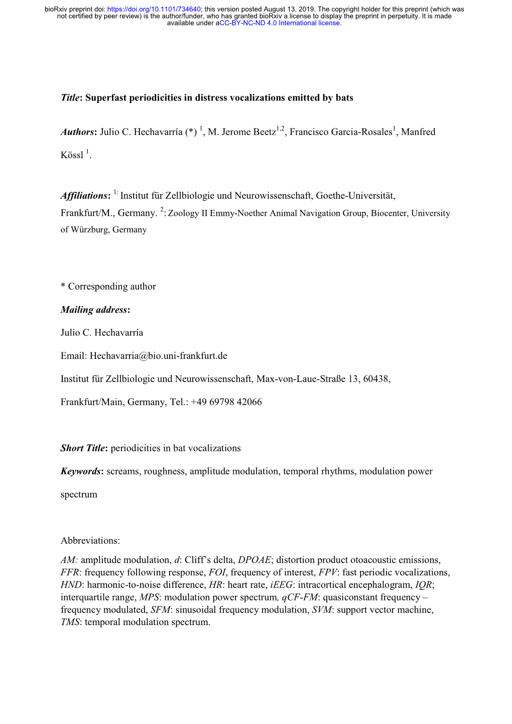 Superfast Periodicities in Distress Vocalizations Emitted by Bats Authors