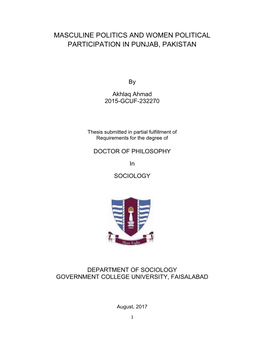 Masculine Politics and Women Political Participation in Punjab, Pakistan
