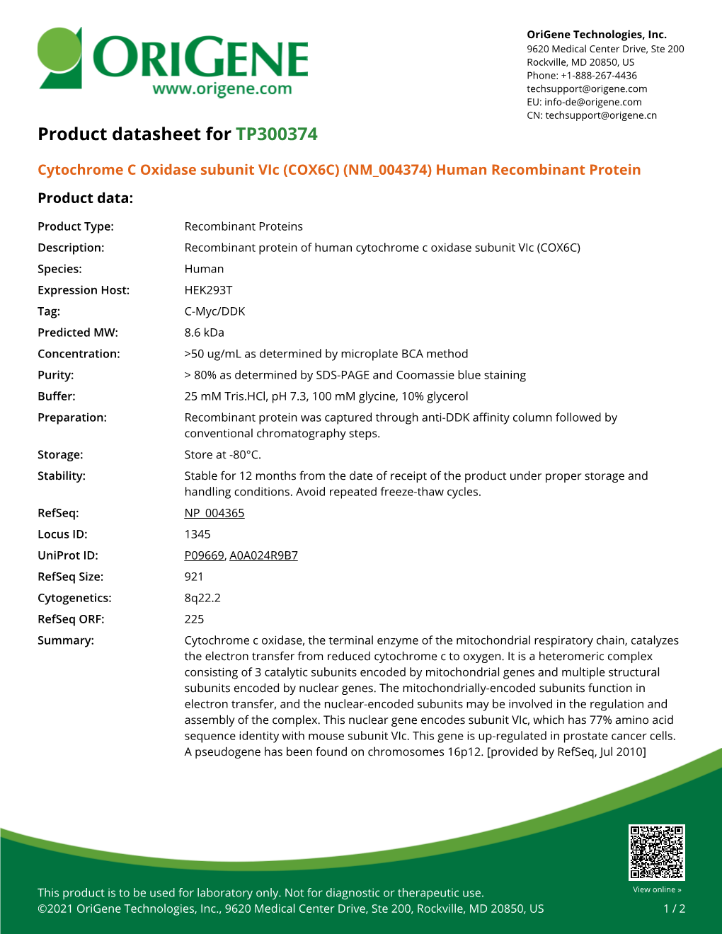 Cytochrome C Oxidase Subunit Vic (COX6C) (NM 004374) Human Recombinant Protein Product Data