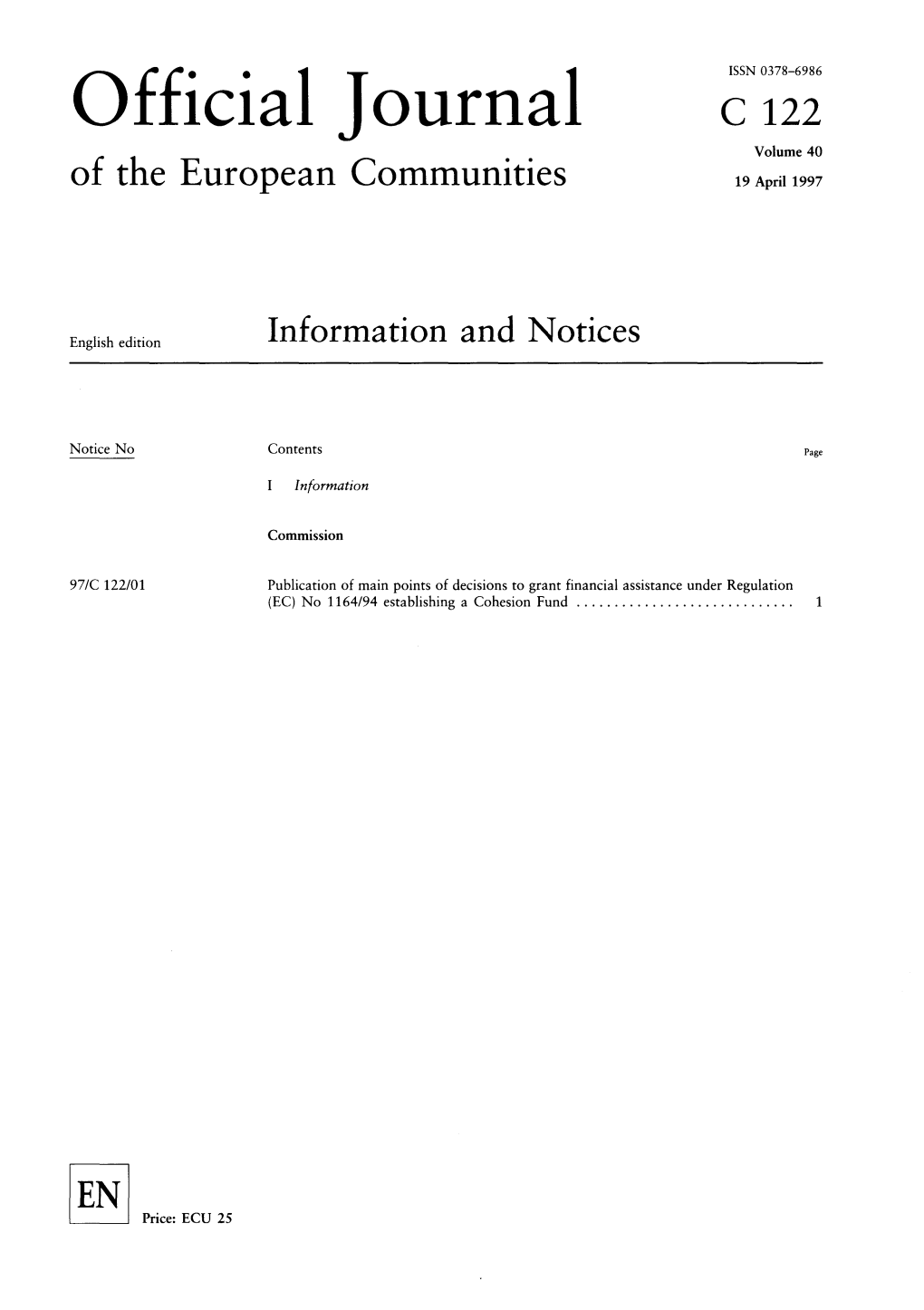 Official Journal C 122 Volume 40 of the European Communities 19 April 1997