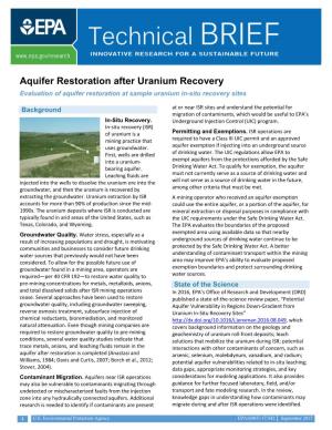 Aquifer Restoration After Uranium Recovery Evaluation of Aquifer Restoration at Sample Uranium In-Situ Recovery Sites