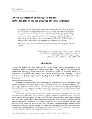 On the Classification of the Ng Yap Dialects: Some Thoughts on the Subgrouping of Sinitic Languages*