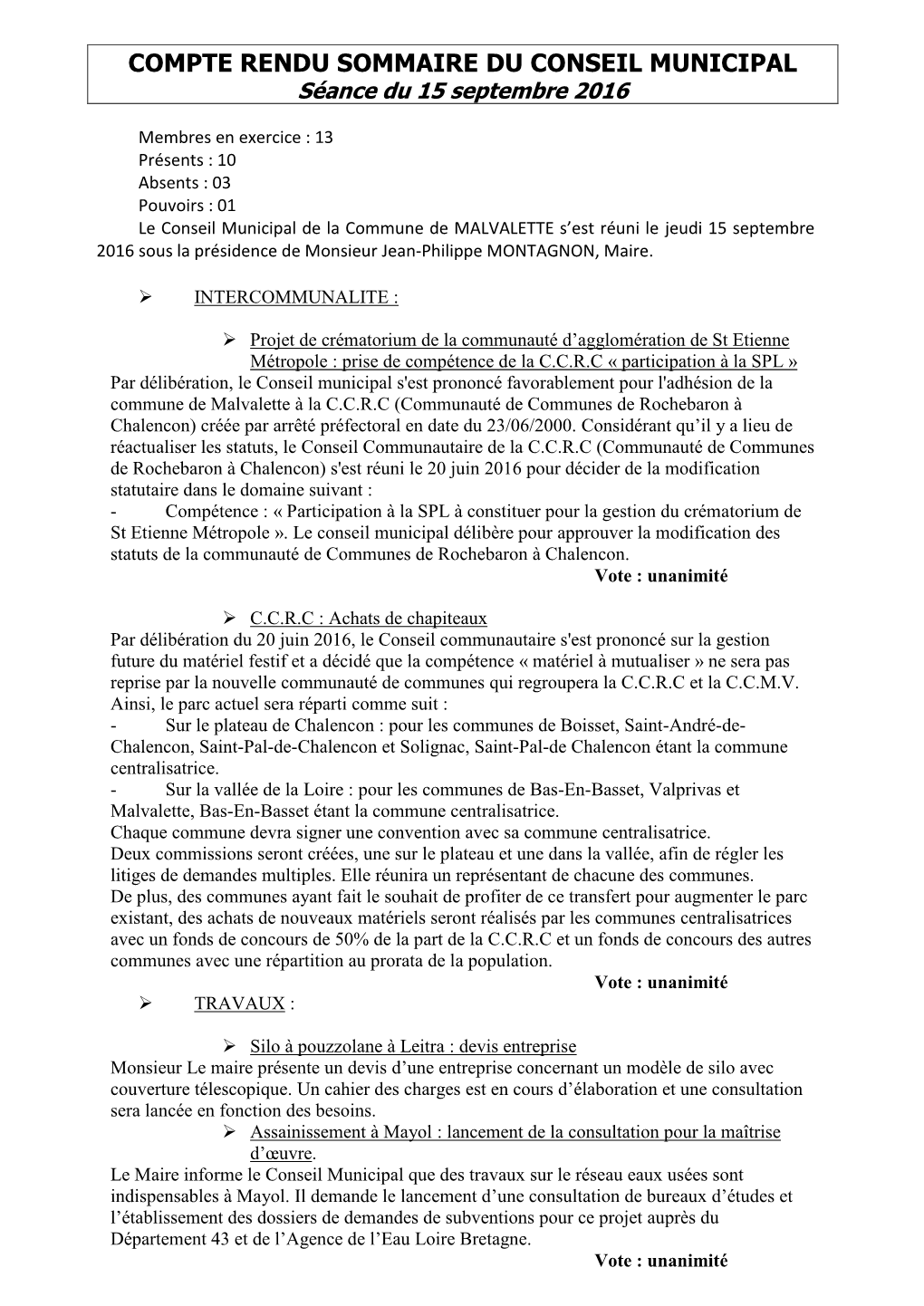 Compte Rendu Du Conseil Municipal