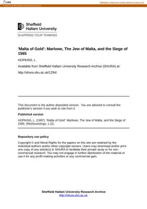 Marlowe, the Jew of Malta, and the Siege of 1565 HOPKINS, L
