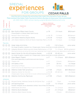 Experiences for GROUPS Use This List to Choose the Activities That Meet the Interests of Your Group