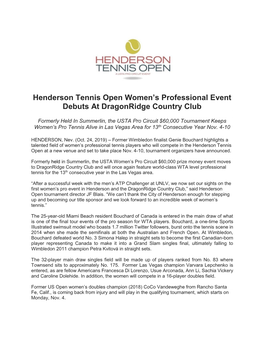 Henderson Tennis Open Women's Professional Event Debuts At