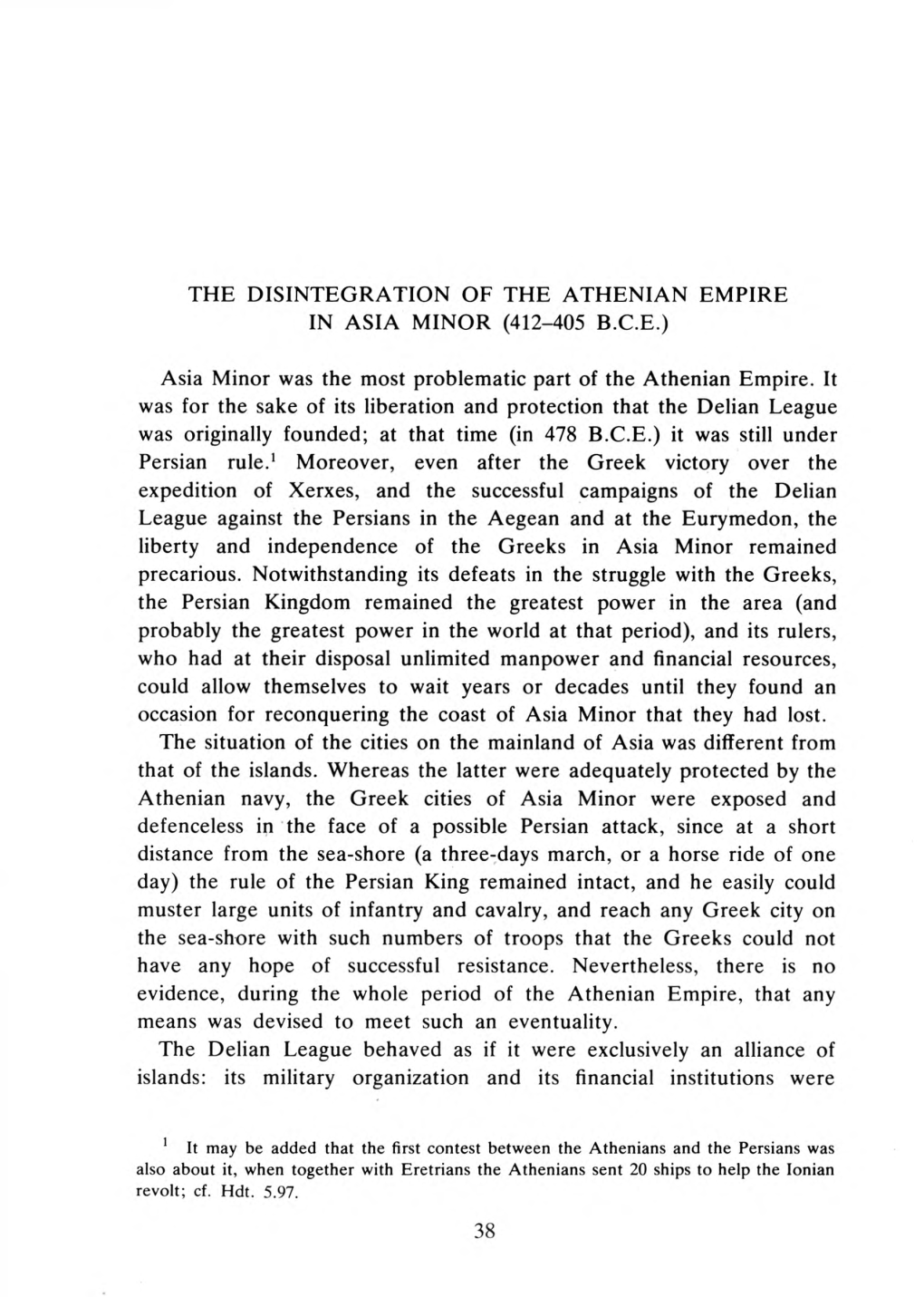 The Disintegration of the Athenian Empire in Asia Minor (412-405 B.C.E.)