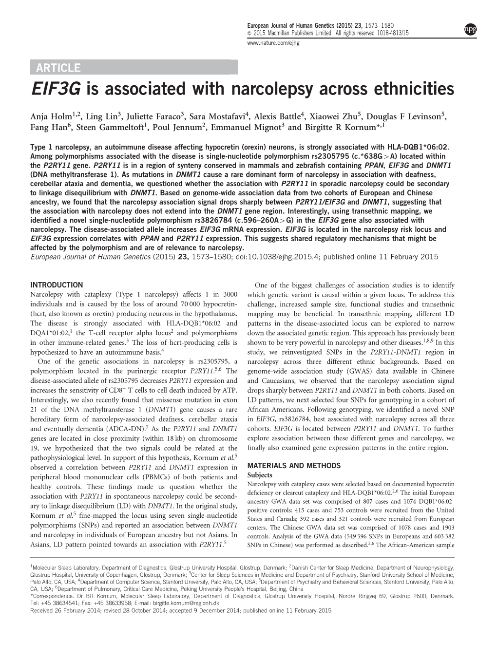 EIF3G Is Associated with Narcolepsy Across Ethnicities