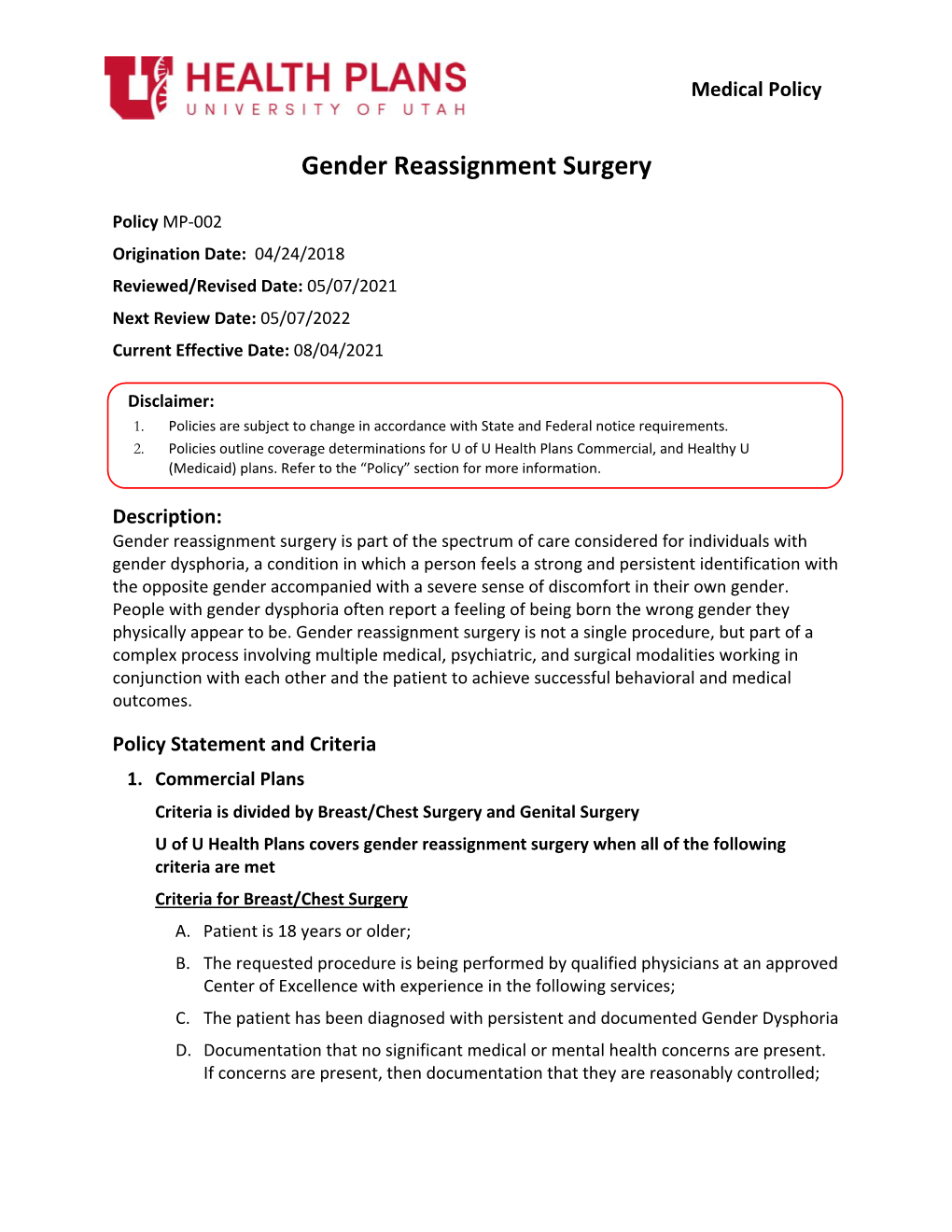 Gender Reassignment Surgery