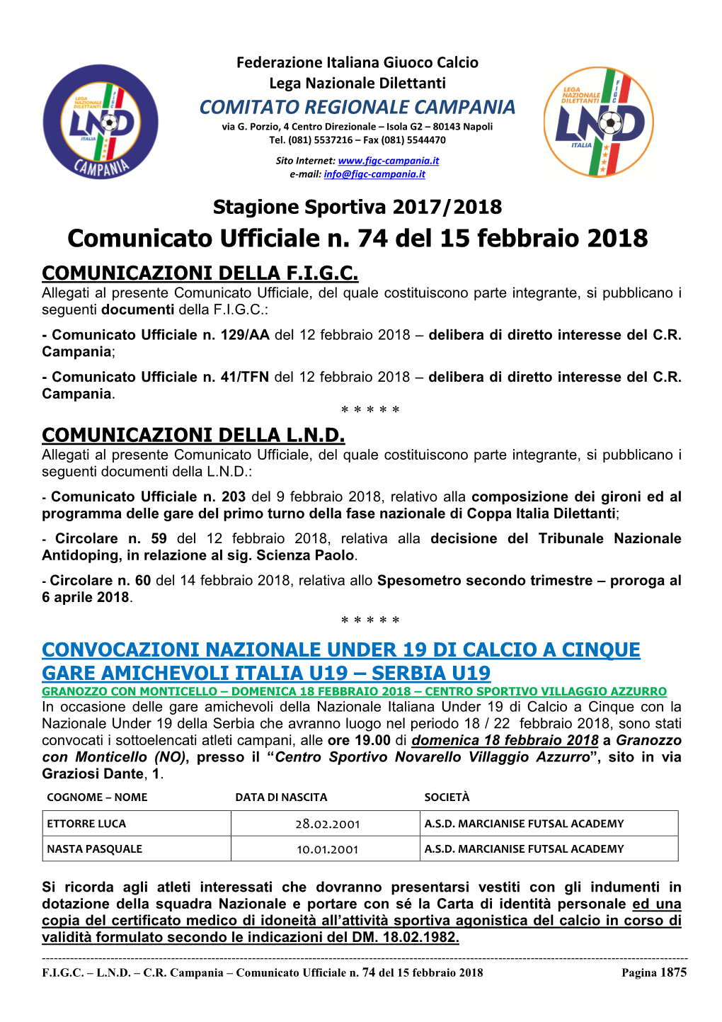 Comunicato Ufficiale N. 74 Del 15 Febbraio 2018