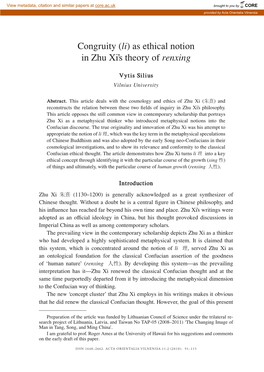 Congruity (Li) As Ethical Notion in Zhu Xi's Theory of Renxing