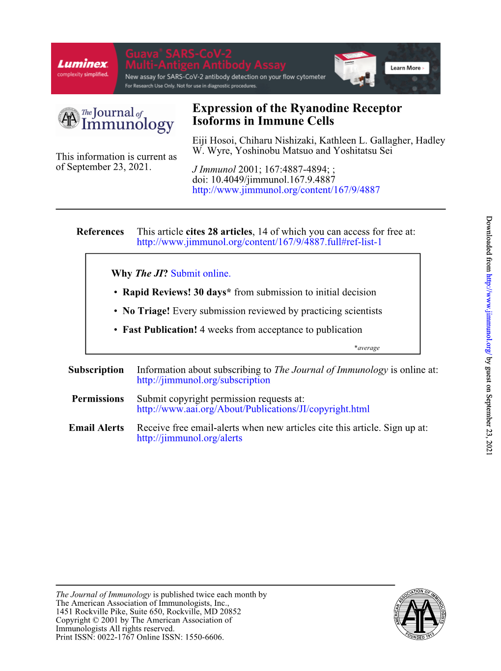 Isoforms in Immune Cells Expression of the Ryanodine Receptor