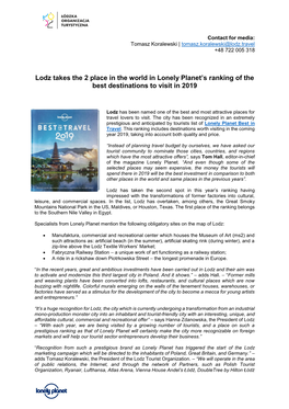Lodz Takes the 2 Place in the World in Lonely Planet's Ranking of the Best