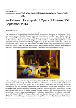 Wolf-Ferrari: Il Campiello / Opera Di Firenze, 25Th September 2014