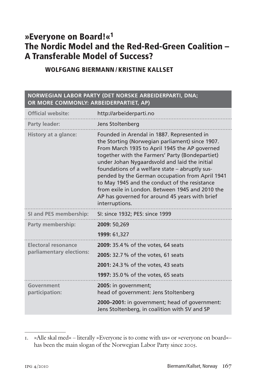 1 the Nordic Model and the Red-Red-Green Coalition – a Transferable Model of Success? WOLFGANG BIERMANN / KRISTINE KALLSET