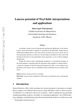 Arxiv:2103.00311V2 [Gr-Qc] 1 Apr 2021 Lanczos Potential of Weyl Field: Interpretations and Applications