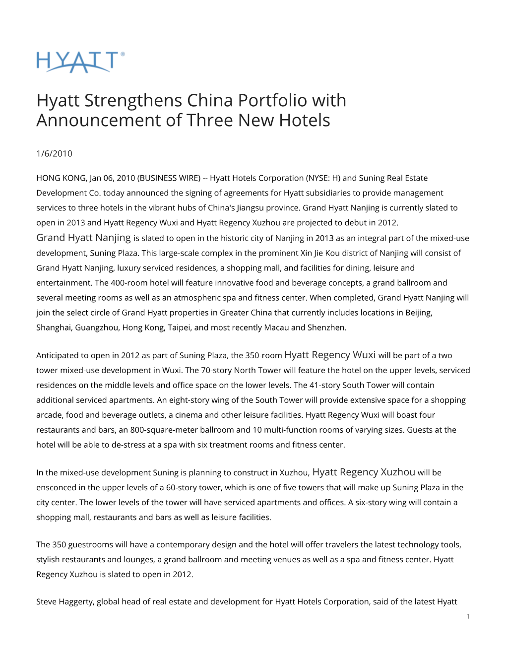 Hyatt Strengthens China Portfolio with Announcement of Three New Hotels