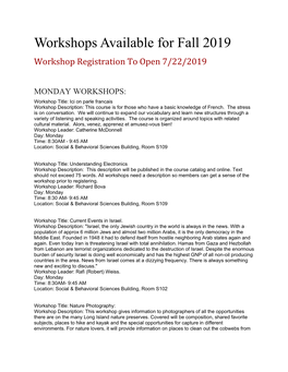 Workshops Available for Fall 2019 Workshop Registration to Open 7/22/2019