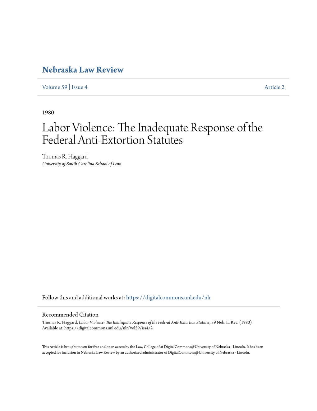 The Inadequate Response of the Federal Anti-Extortion Statutes, 59 Neb