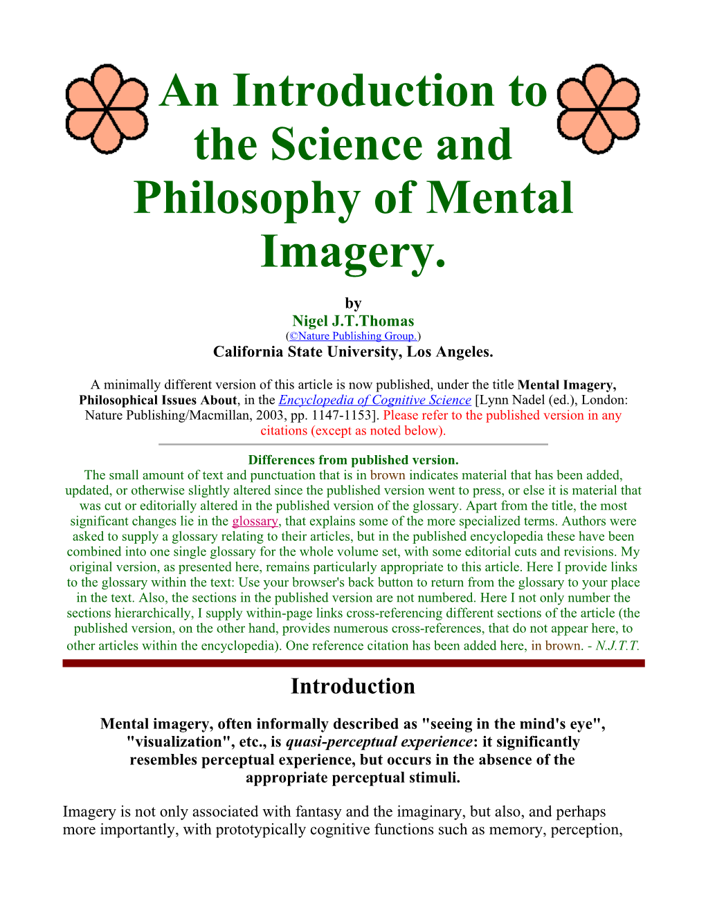 An Introduction to the Science and Philosophy of Mental Imagery