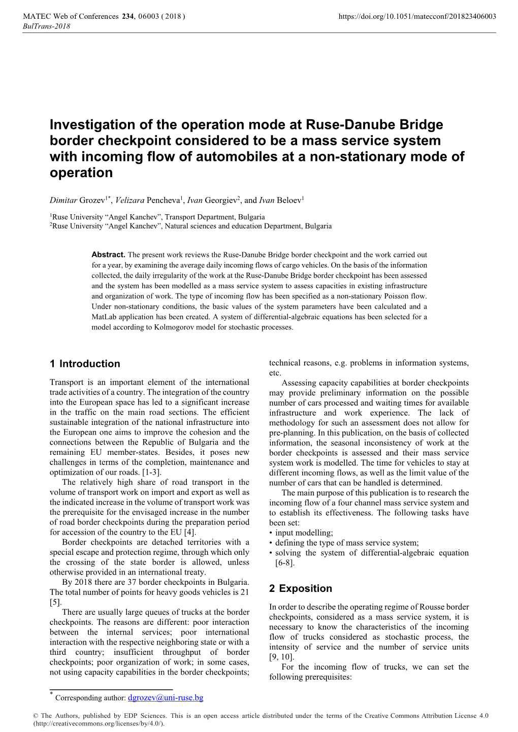 Investigation of the Operation Mode at Ruse-Danube Bridge Border Checkpoint Considered to Be a Mass Service System with Incoming