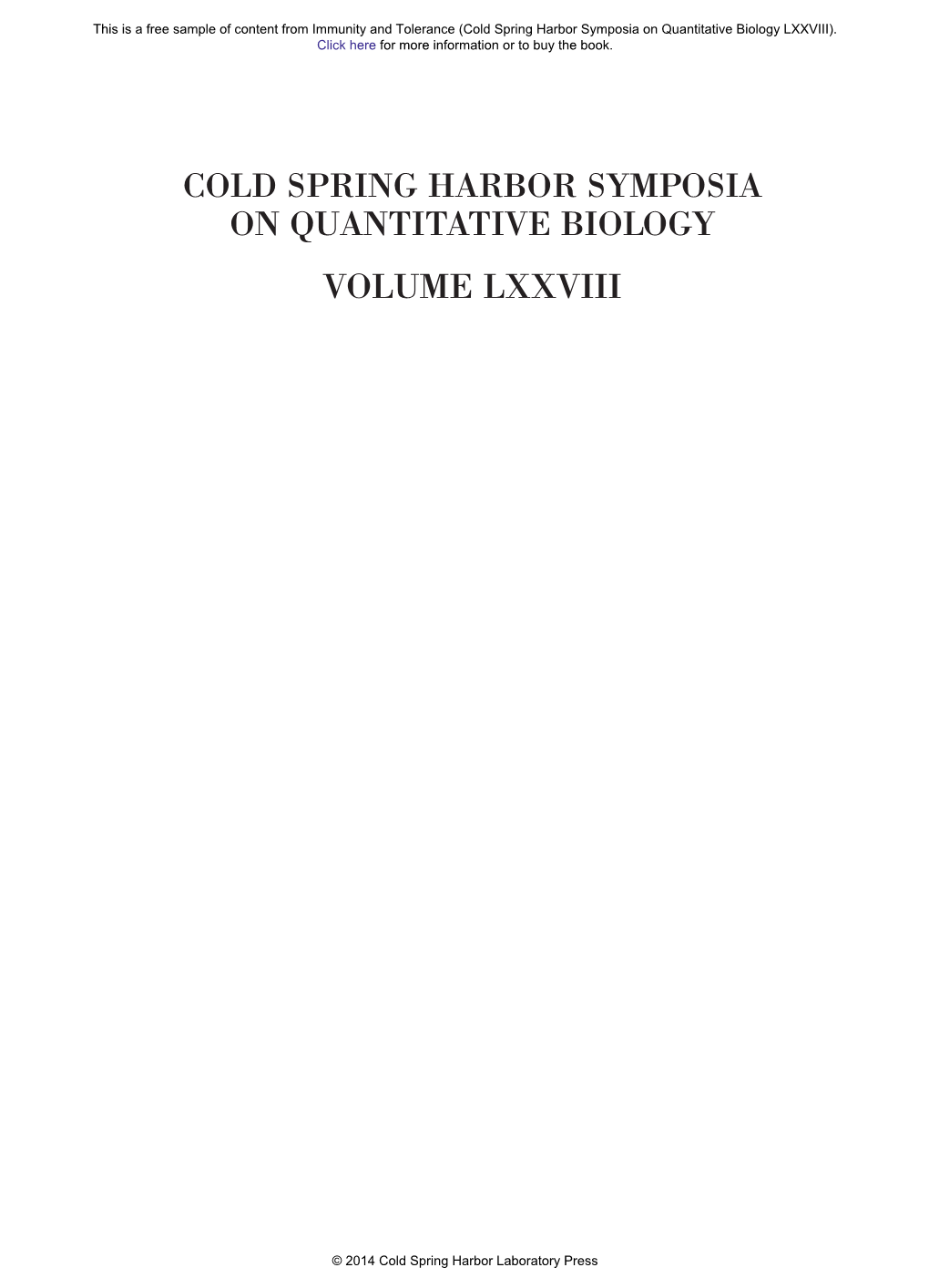 Immunity and Tolerance (Cold Spring Harbor Symposia on Quantitative Biology LXXVIII)