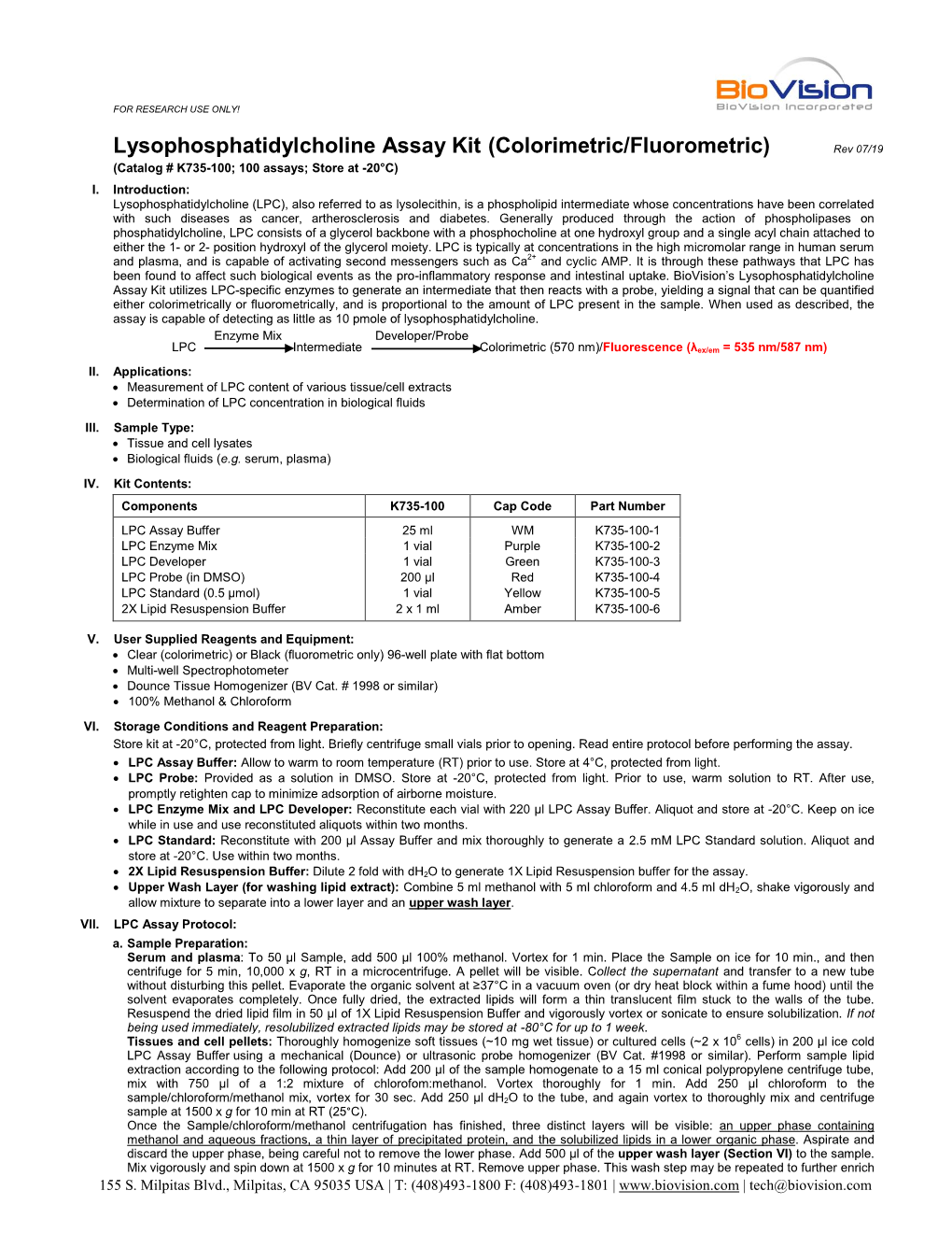 K735 -100Lysophosphatidylcholine Assay Kit (Colorimetric/Fluorometric)