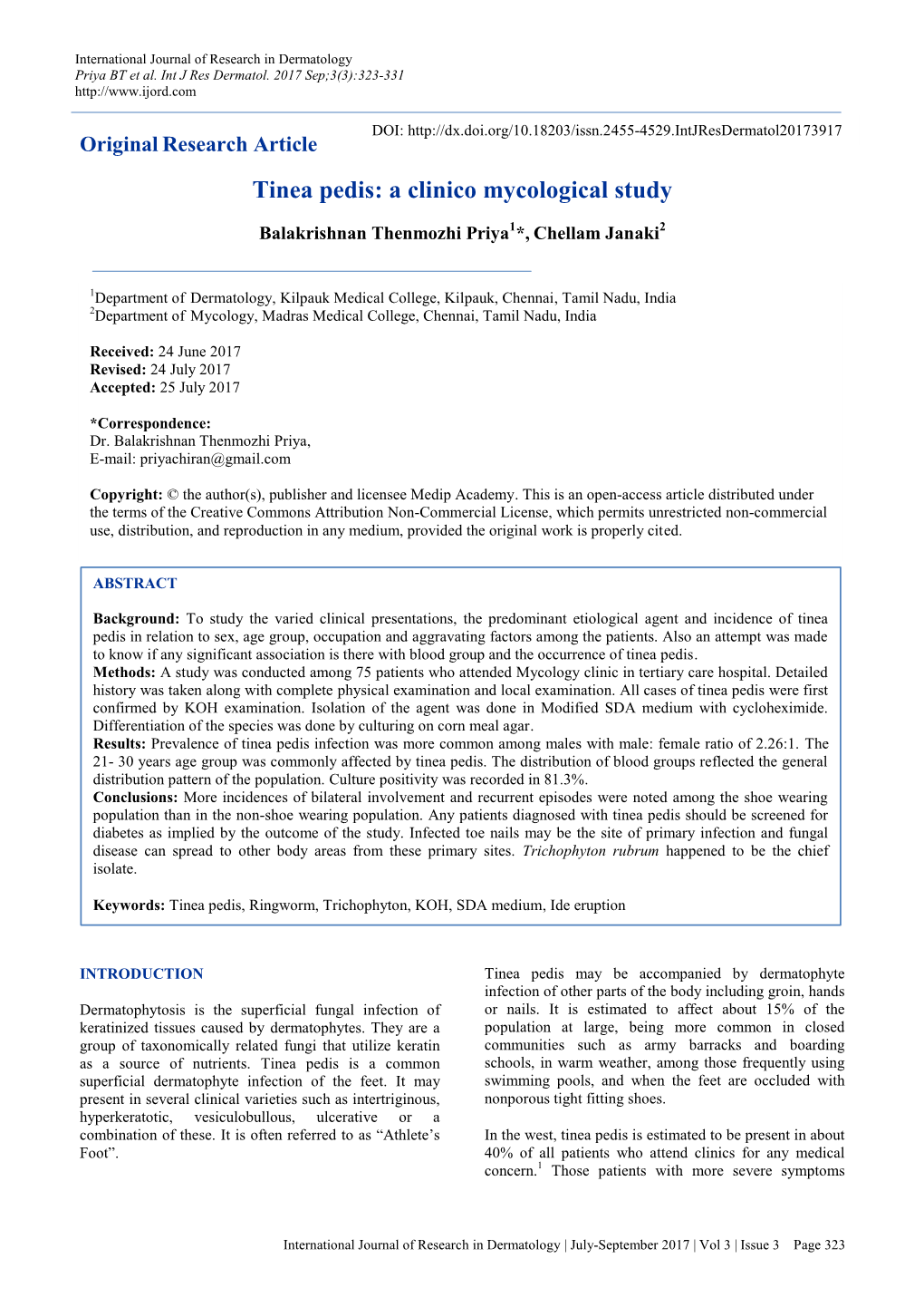 Tinea Pedis: a Clinico Mycological Study