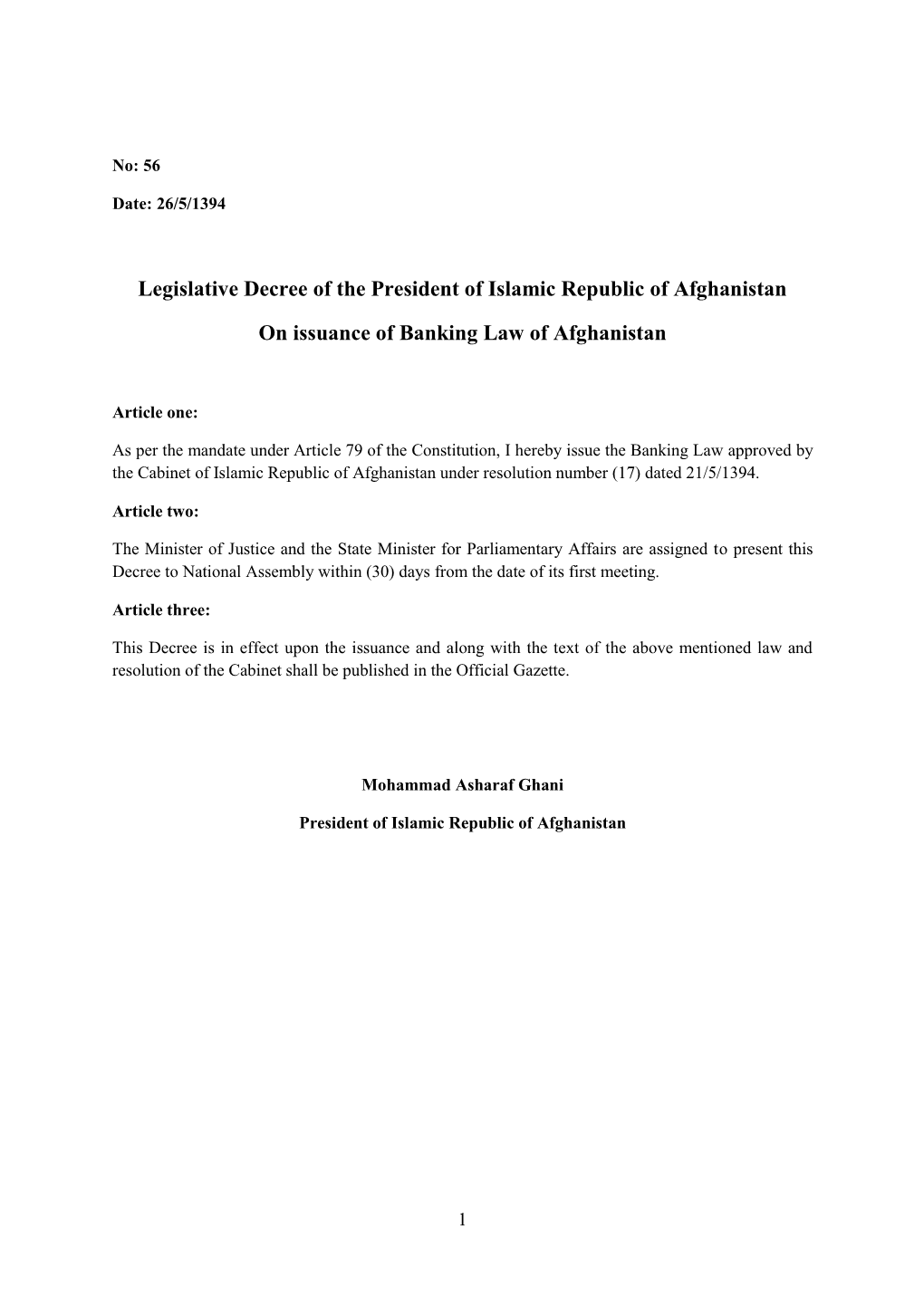 Legislative Decree of the President of Islamic Republic of Afghanistan on Issuance of Banking Law of Afghanistan