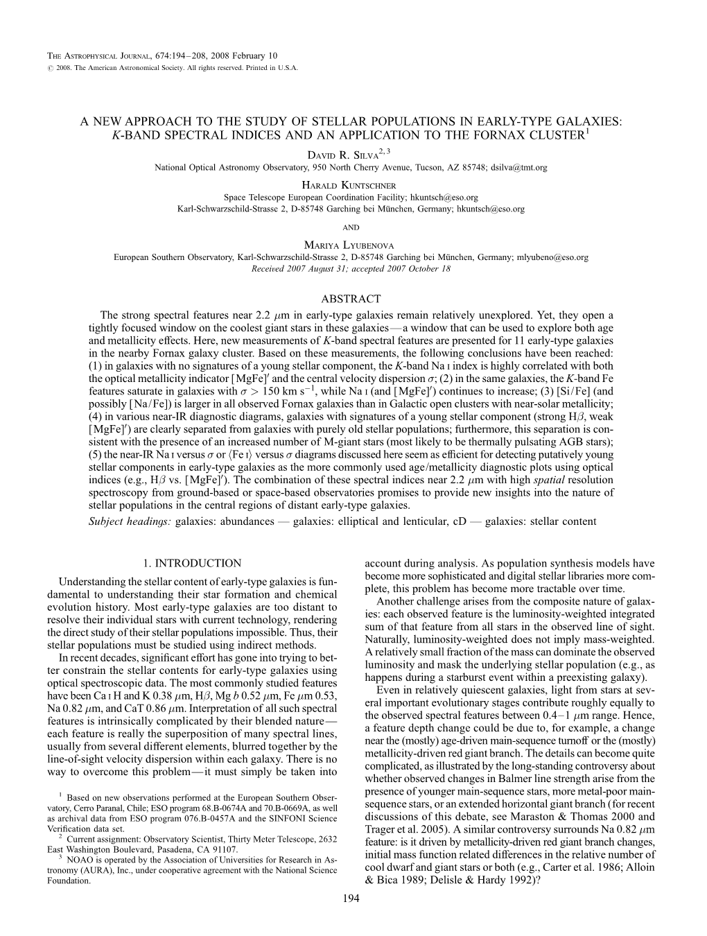 K-BAND SPECTRAL INDICES and an APPLICATION to the FORNAX CLUSTER1 David R