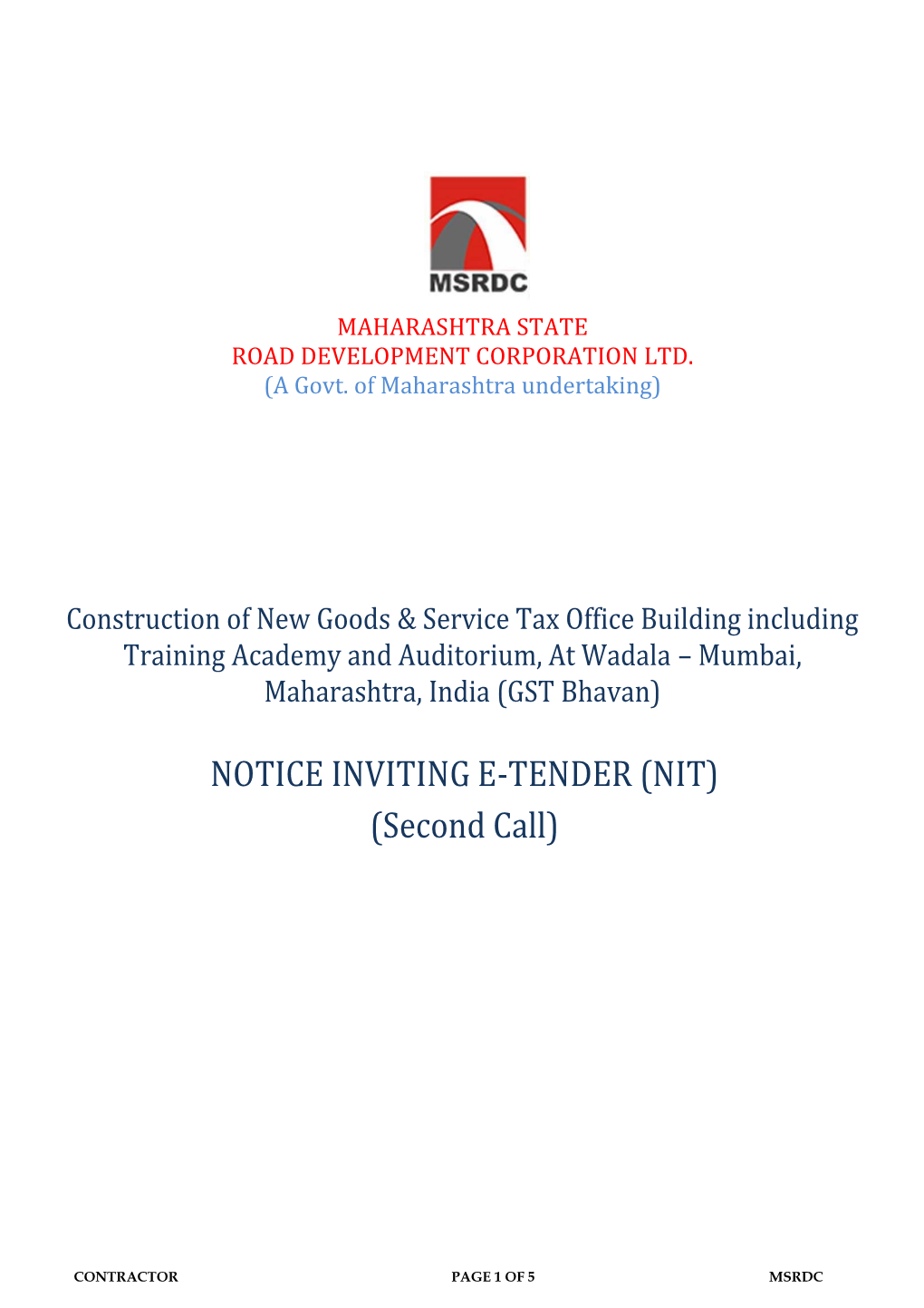 NOTICE INVITING E-TENDER (NIT) (Second Call)