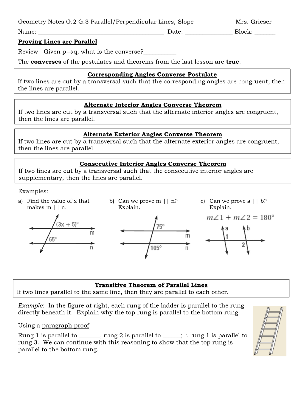 Geometry Notes G.2 G.3 Parallel/Perpendicular Lines, Slope Mrs