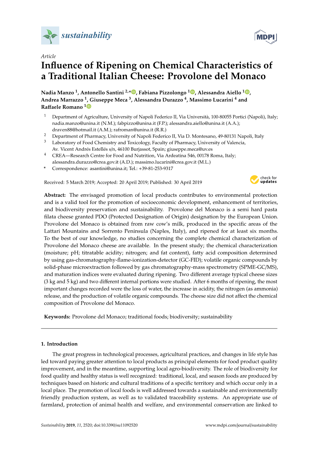 Influence of Ripening on Chemical Characteristics of a Traditional Italian Cheese: Provolone Del Monaco