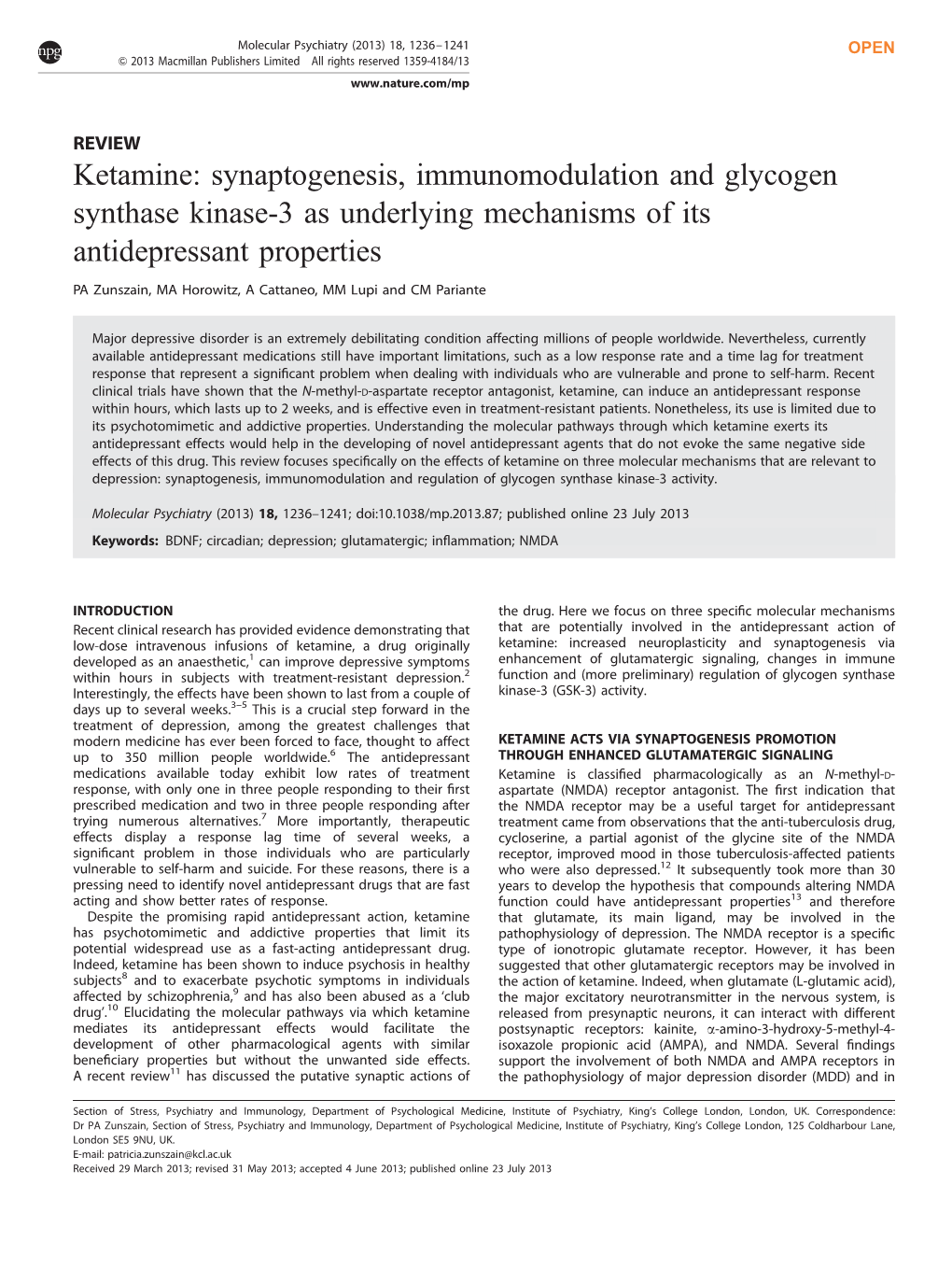 Synaptogenesis, Immunomodulation and Glycogen Synthase Kinase-3 As Underlying Mechanisms of Its Antidepressant Properties