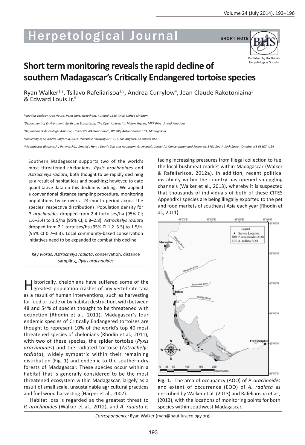 Short Term Monitoring Reveals the Rapid Decline of Southern Madagascar's Critically Endangered Tortoise Species