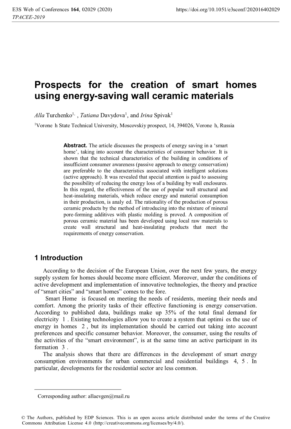 Prospects for the Creation of Smart Homes Using Energy-Saving Wall Ceramic Materials