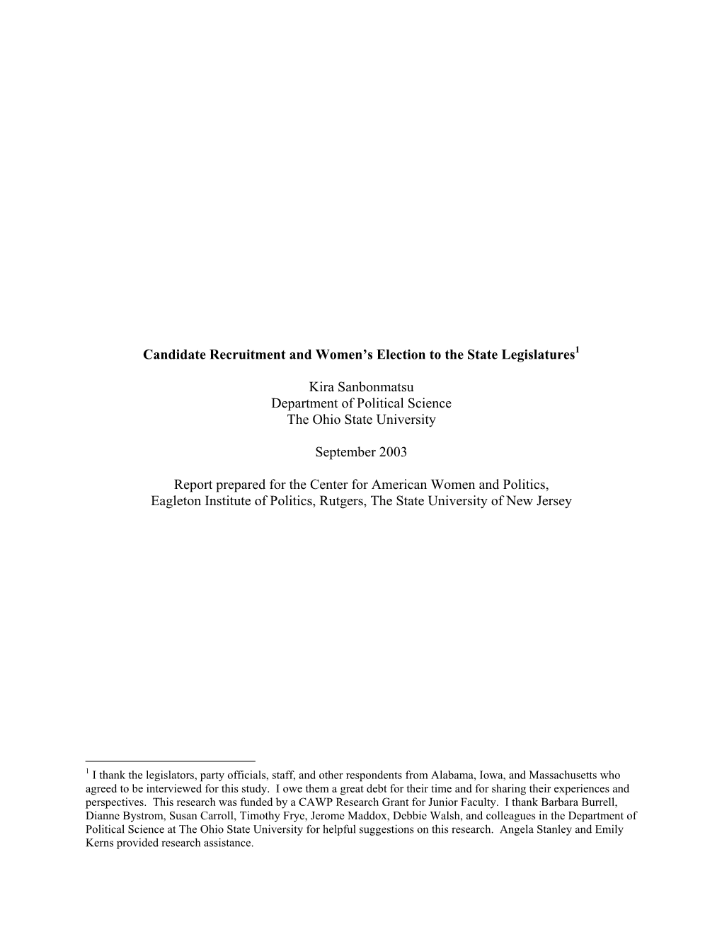 Candidate Recruitment and Women's Election to the State Legislatures